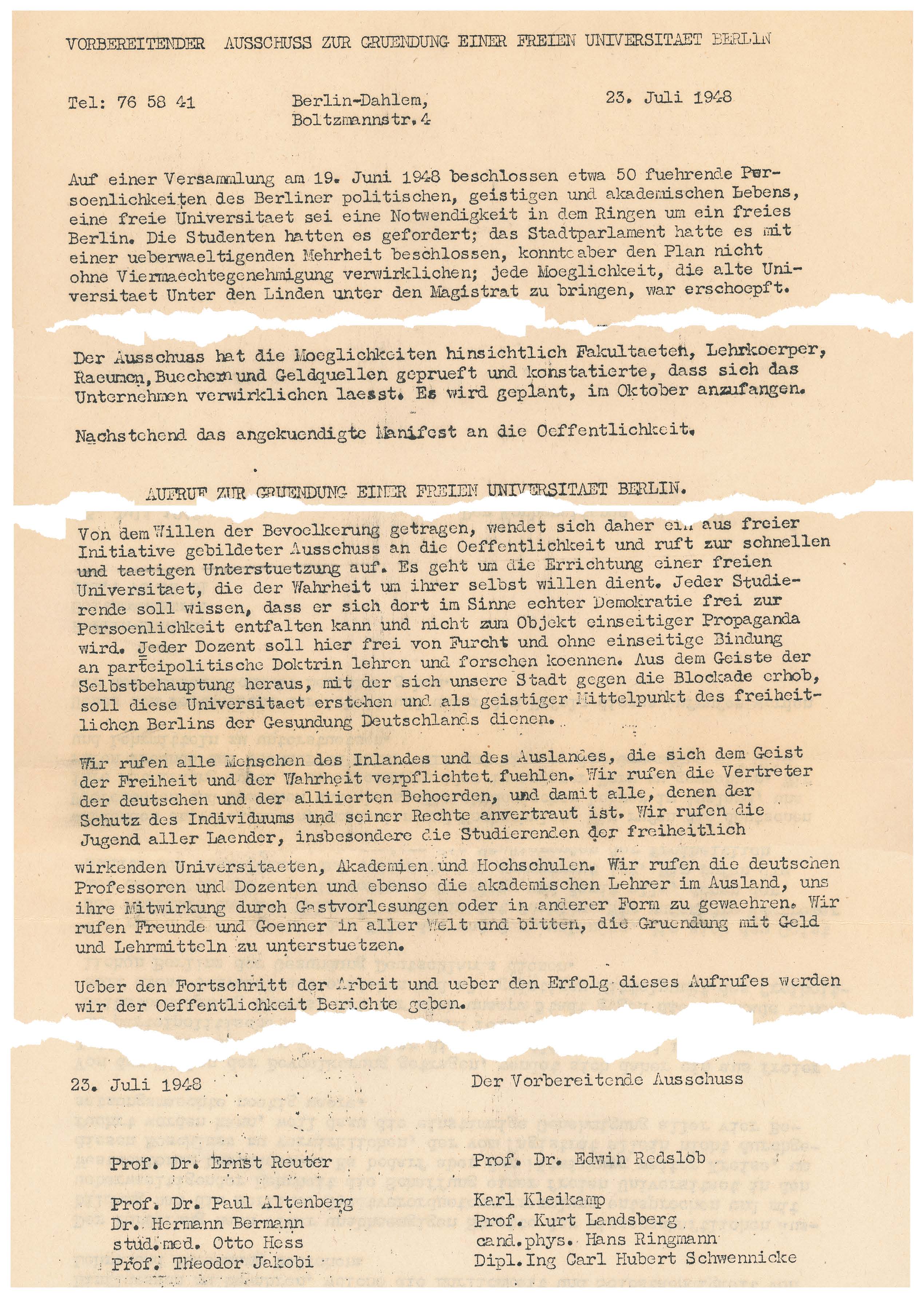 Schriftstück des vorbereitenden Ausschuss zur Gründung 