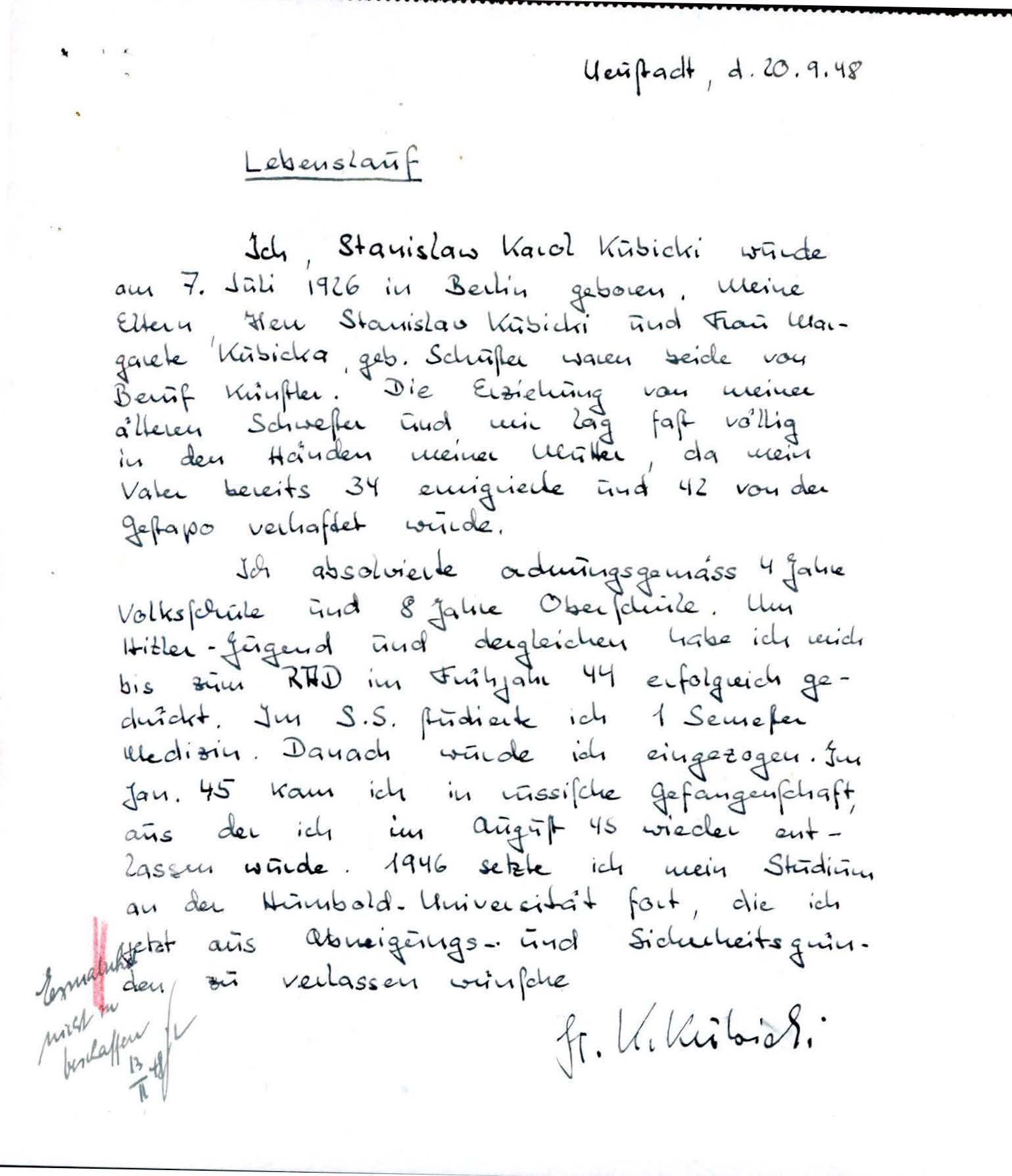Handgeschriebener Lebenslauf von Stanislaw Karol Kubicki, 1948