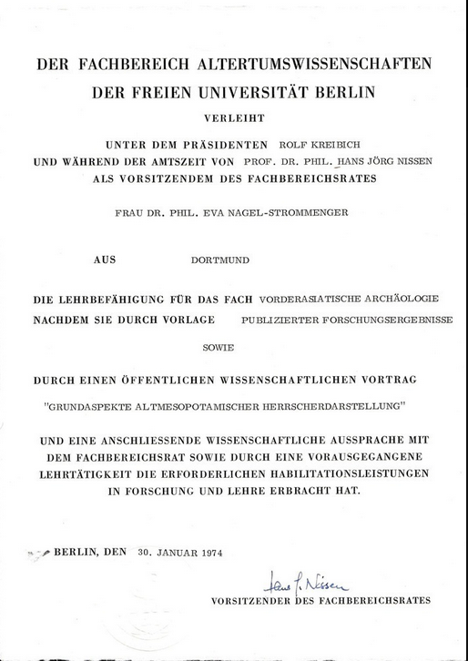 Lehrbefähigung Dr. Eva-Strommenger-Nagel für das Fach Vorderasiatische Archäologie 1974