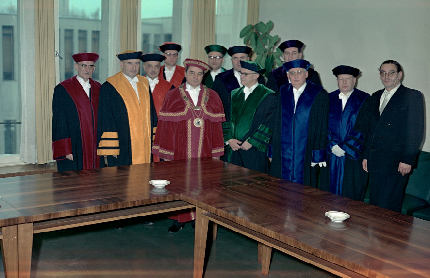 Gruppenaufnahme von Professoren in Talaren, Juni 1961