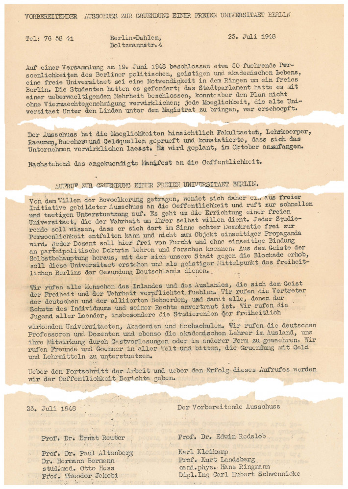 Schriftstück des vorbereitenden Ausschuss zur Gründung 